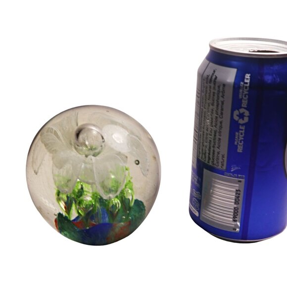 Handblown Art Glass Paperweight With White Flower Design & Multicolor Base - Picture 7 of 7